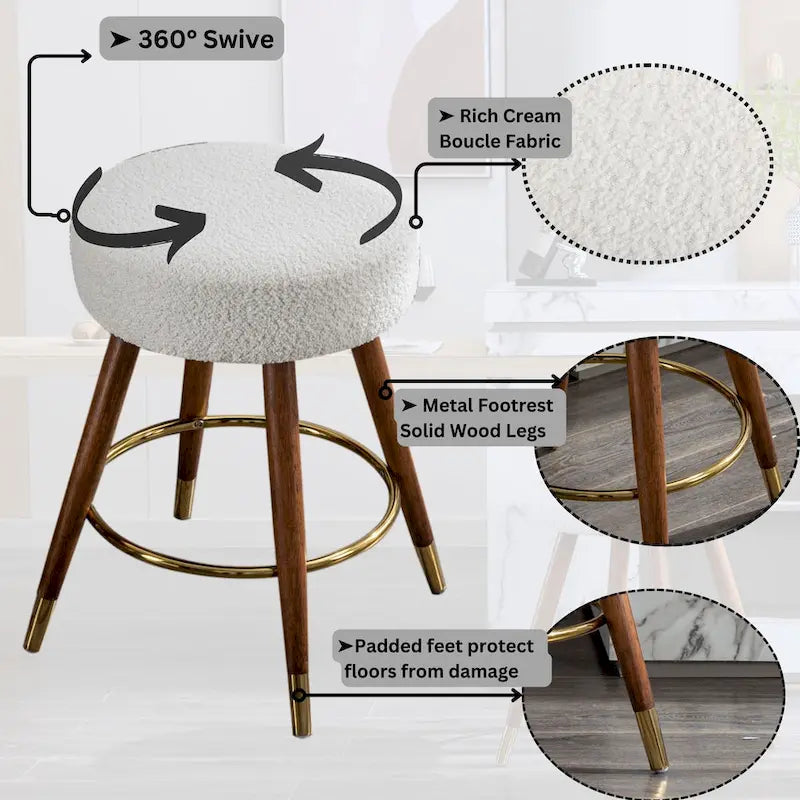 Taburete giratorio tapizado blanco de 23.88 pulgadas con estructura de madera