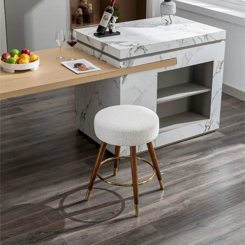 Taburete giratorio tapizado blanco de 23.88 pulgadas con estructura de madera