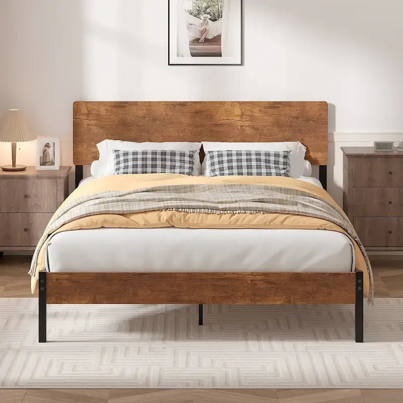 Elegante estructura de cama Queen de hierro con cabecero y piecero de MDF - Estilo industrial moderno