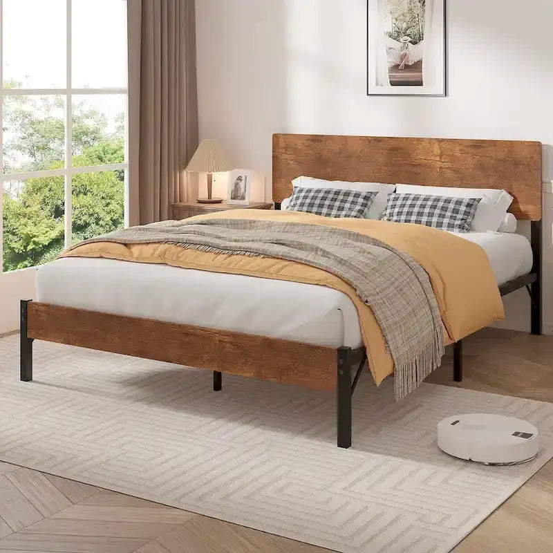 Elegante estructura de cama Queen de hierro con cabecero y piecero de MDF - Estilo industrial moderno