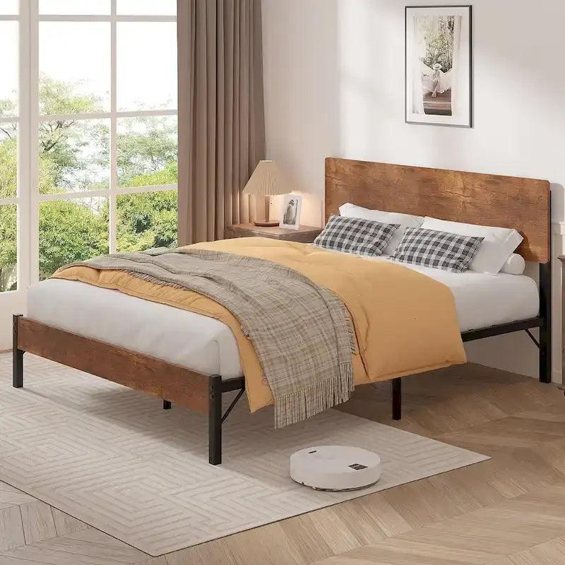 Elegante estructura de cama Queen de hierro con cabecero y piecero de MDF - Estilo industrial moderno