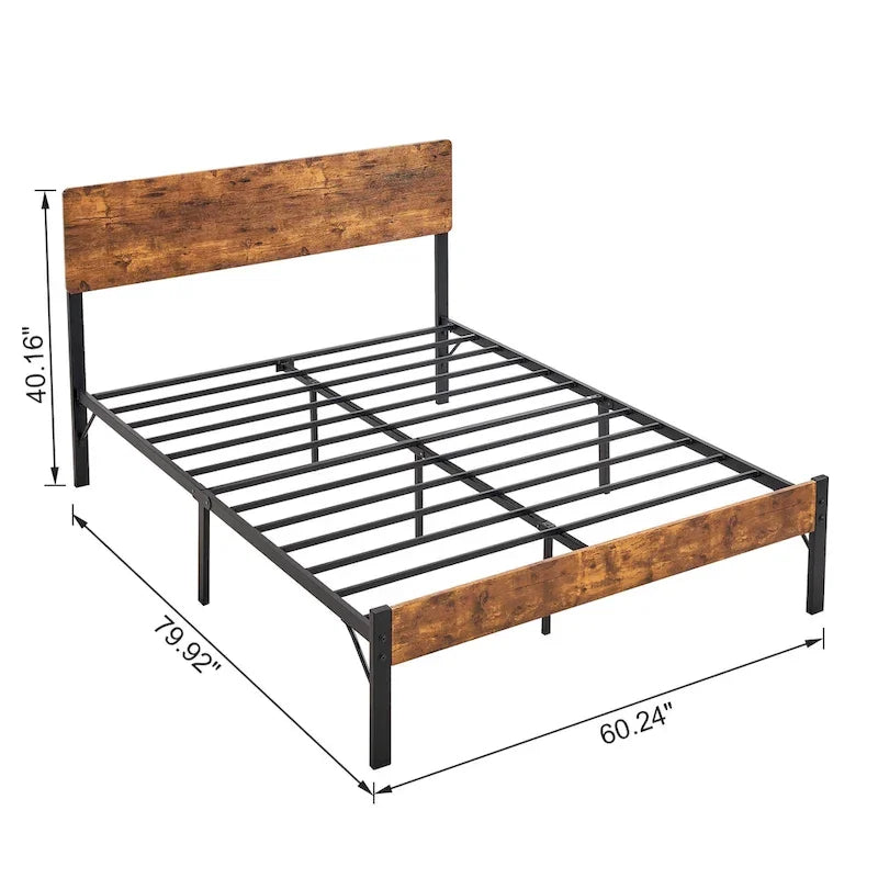 Elegante estructura de cama Queen de hierro con cabecero y piecero de MDF - Estilo industrial moderno