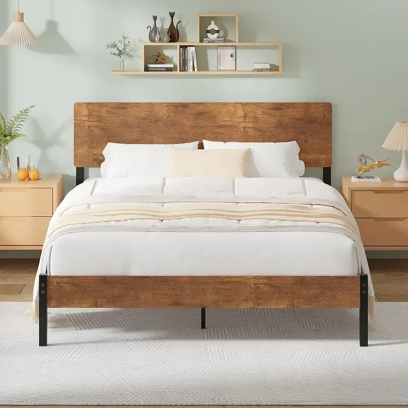 Elegante estructura de cama Queen de hierro con cabecero y piecero de MDF - Estilo industrial moderno