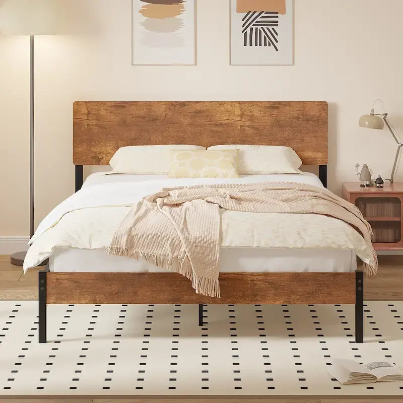 Elegante estructura de cama Queen de hierro con cabecero y piecero de MDF - Estilo industrial moderno