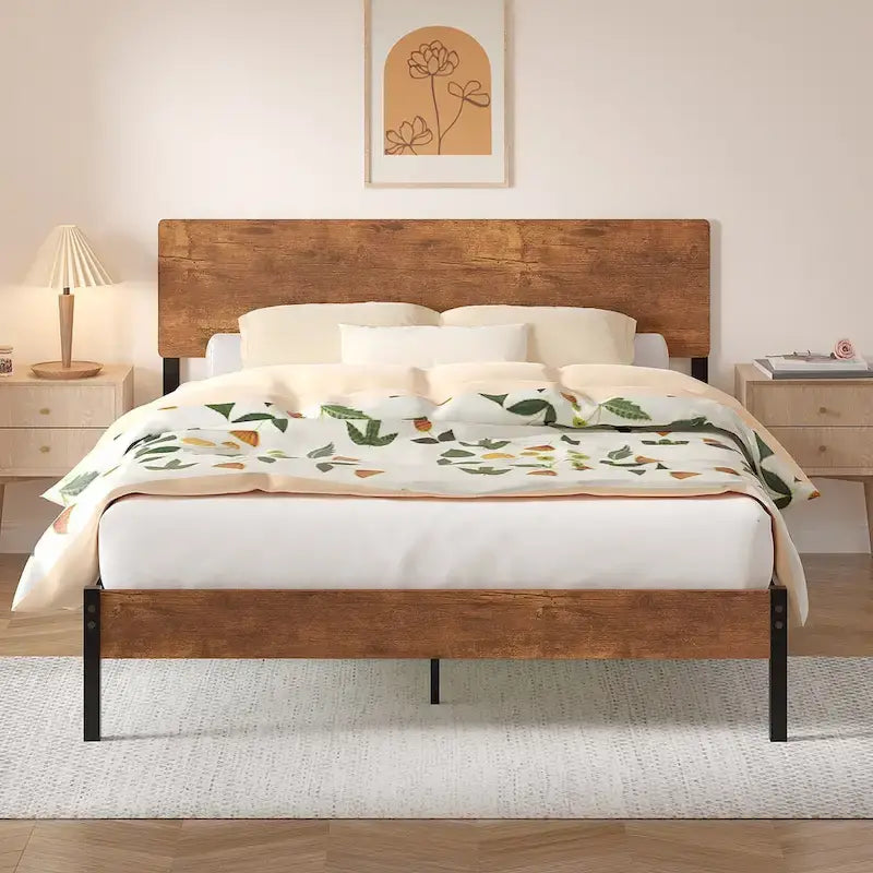 Elegante estructura de cama Queen de hierro con cabecero y piecero de MDF - Estilo industrial moderno