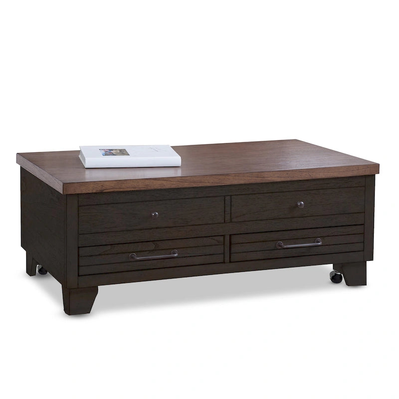 Mesa de centro elevable de madera de dos tonos con ruedas