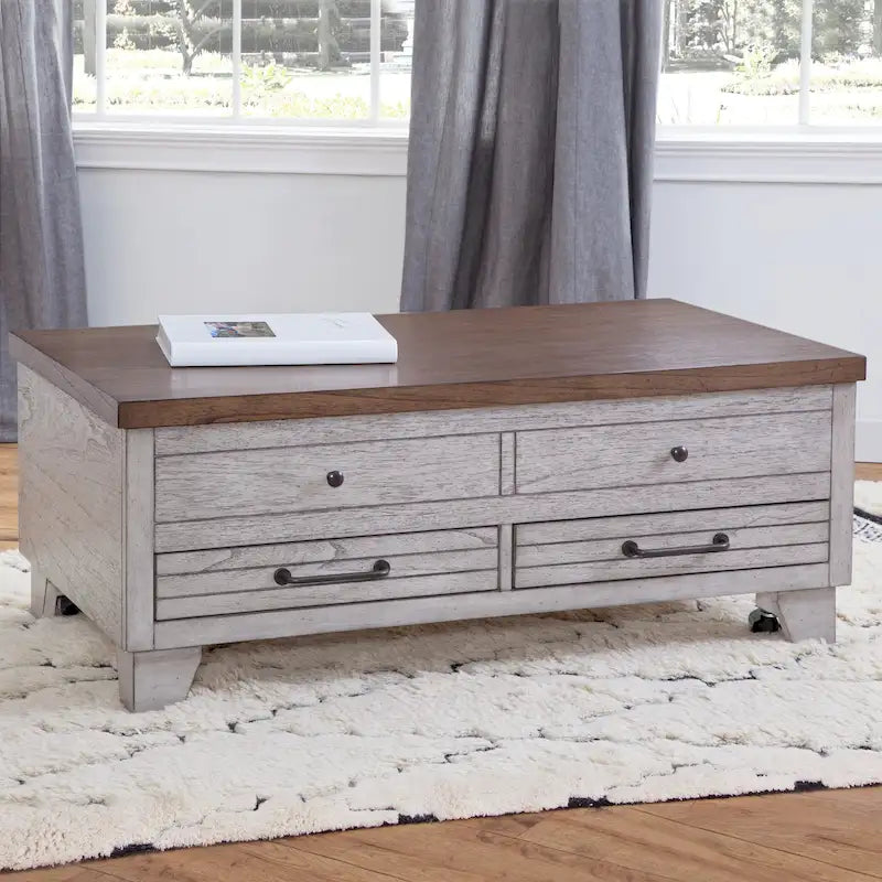 Mesa de centro elevable de madera de dos tonos con ruedas