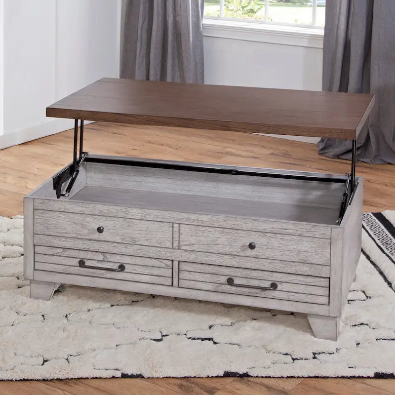 Mesa de centro elevable de madera de dos tonos con ruedas