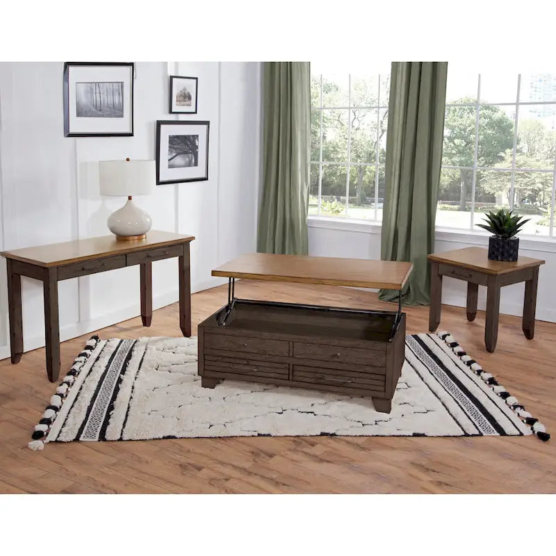Mesa de centro elevable de madera de dos tonos con ruedas