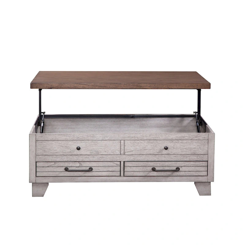 Mesa de centro elevable de madera de dos tonos con ruedas