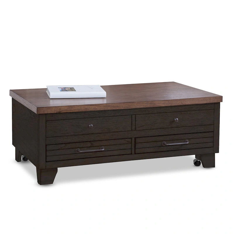Mesa de centro elevable de madera de dos tonos con ruedas