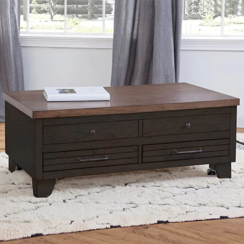 Mesa de centro elevable de madera de dos tonos con ruedas