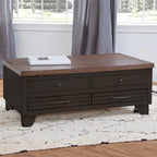Mesa de centro elevable de madera de dos tonos con ruedas