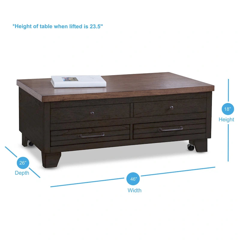 Mesa de centro elevable de madera de dos tonos con ruedas