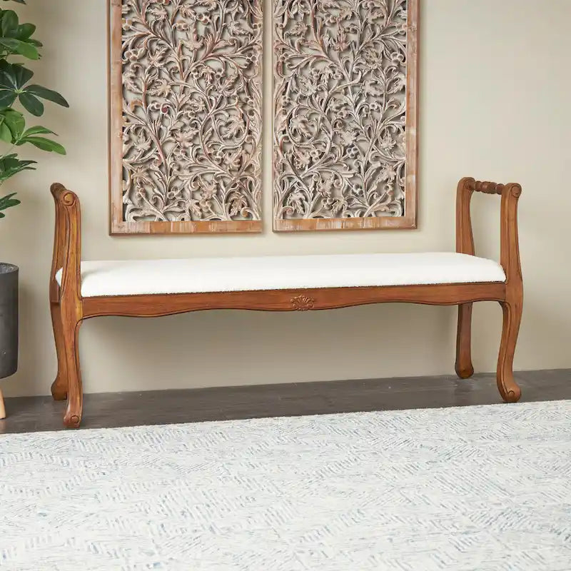 Banco de tela con reposabrazos y patas de madera torneada tradicional en marrón - Crema - 16 An. x 55 L x 27 Al.