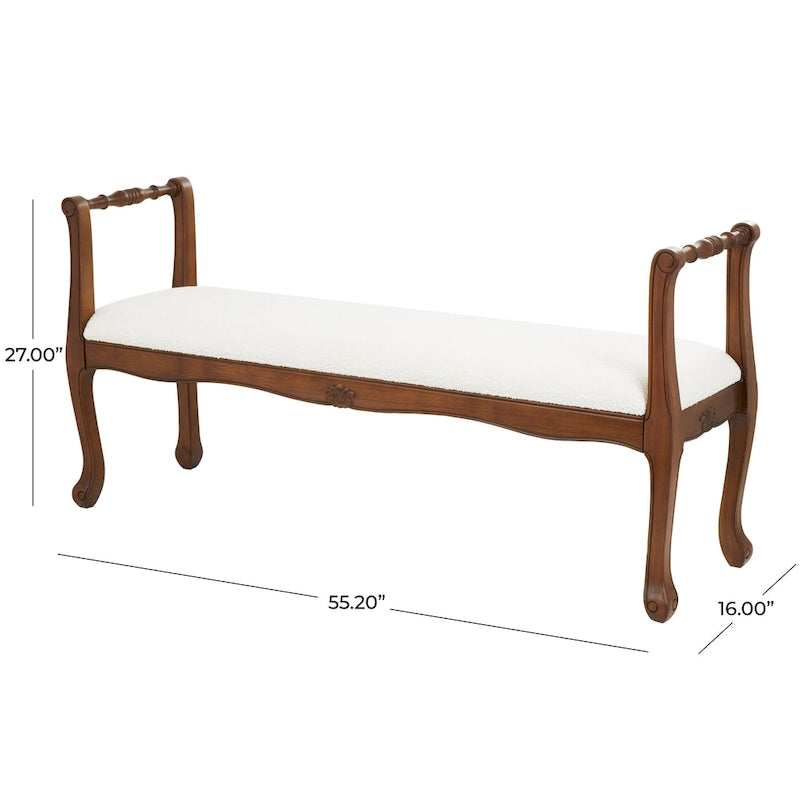 Banco de tela con reposabrazos y patas de madera torneada tradicional en marrón - Crema - 16 An. x 55 L x 27 Al.