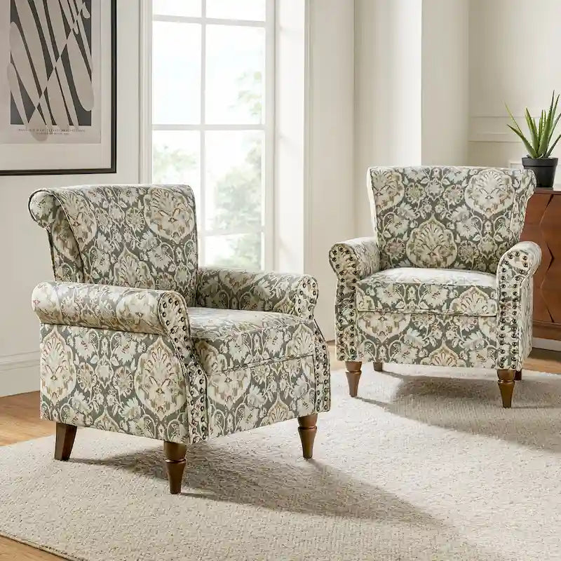 Sillón tradicional de poliéster con patrón y tachuelas