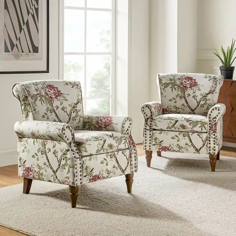 Sillón tradicional de poliéster con patrón y tachuelas
