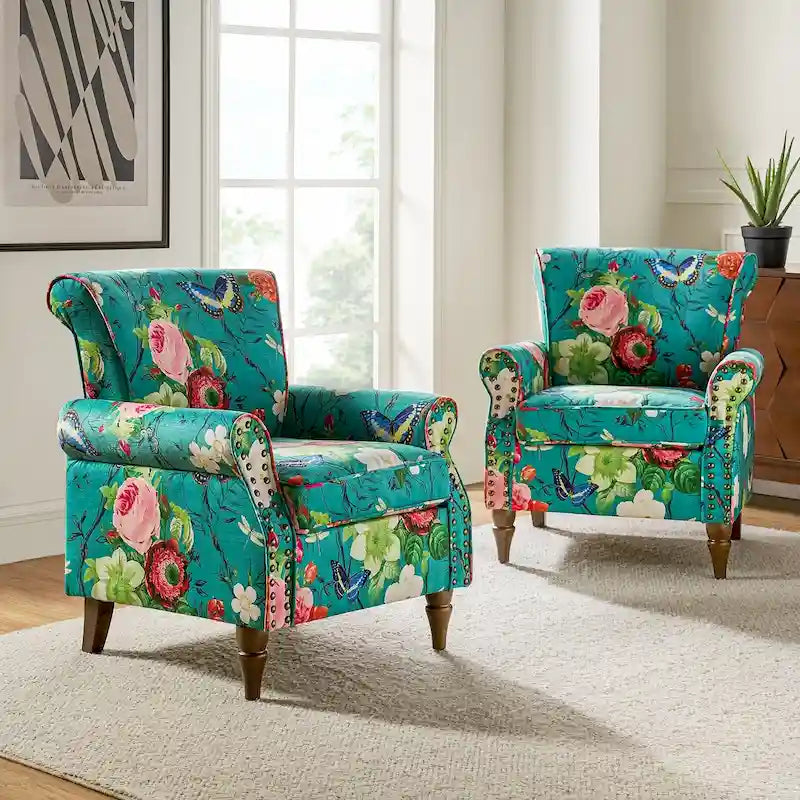 Sillón tradicional de poliéster con patrón y tachuelas