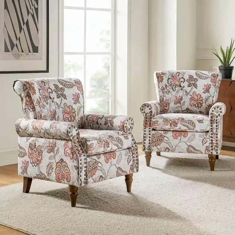 Sillón tradicional de poliéster con patrón y tachuelas