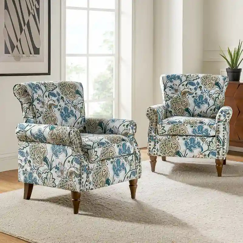 Sillón tradicional de poliéster con patrón y tachuelas