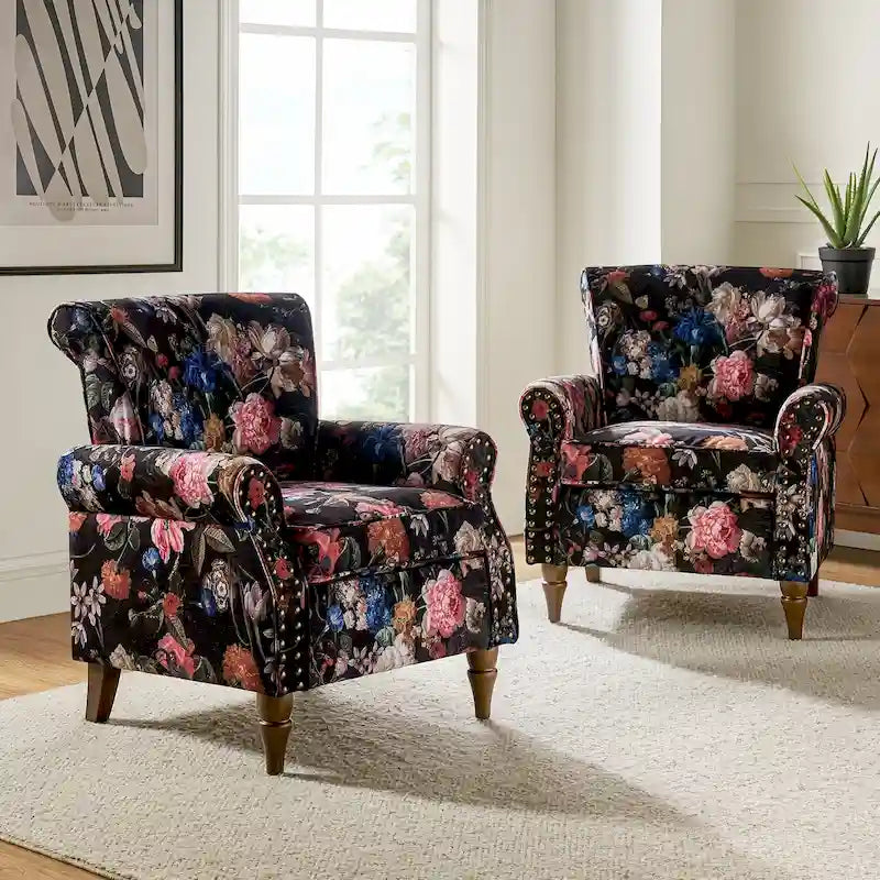 Sillón tradicional de poliéster con patrón y tachuelas