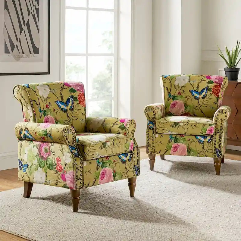 Sillón tradicional de poliéster con patrón y tachuelas