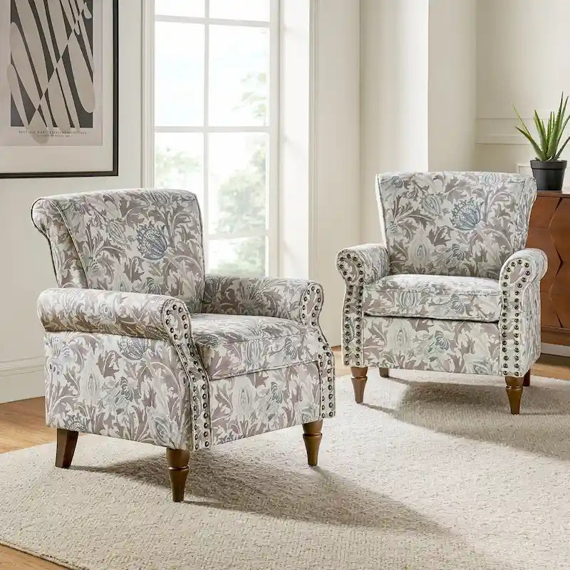 Sillón tradicional de poliéster con patrón y tachuelas