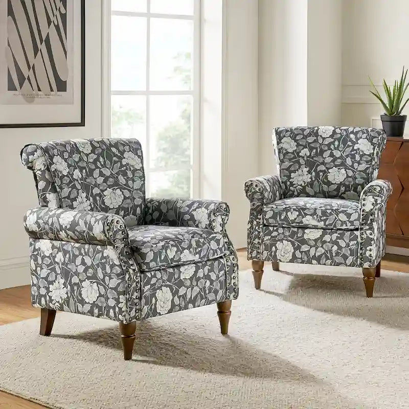 Sillón tradicional de poliéster con patrón y tachuelas