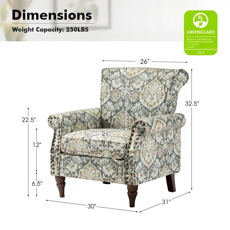 Sillón tradicional de poliéster con patrón y tachuelas