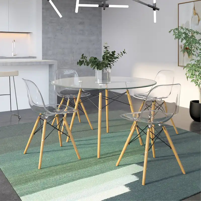 Mesa de comedor redonda moderna Dover 47 para 4 personas - Mesa clásica de mediados de siglo con superficie de vidrio/madera para sala de estar y cocina