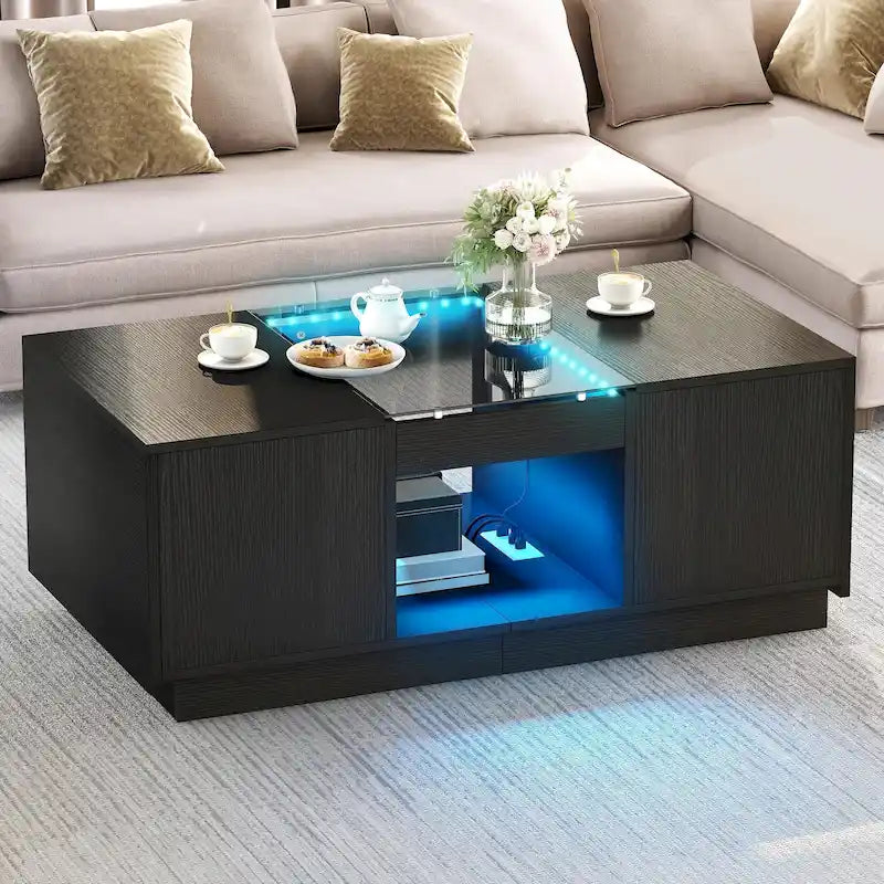 Mesa de centro moderna de madera con cajones de almacenaje e iluminación LED