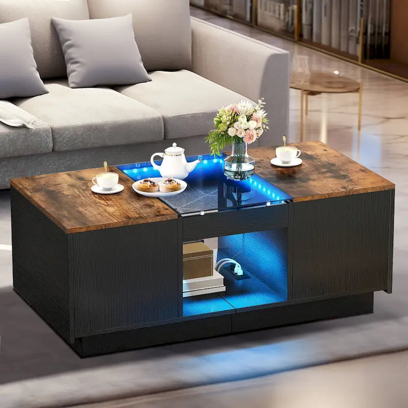 Mesa de centro moderna de madera con cajones de almacenaje e iluminación LED