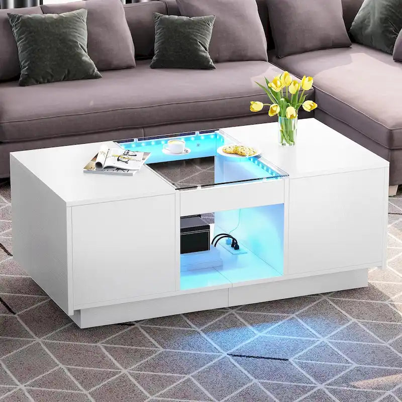 Mesa de centro moderna de madera con cajones de almacenaje e iluminación LED