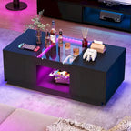 Mesa de centro moderna de madera con cajones de almacenaje e iluminación LED
