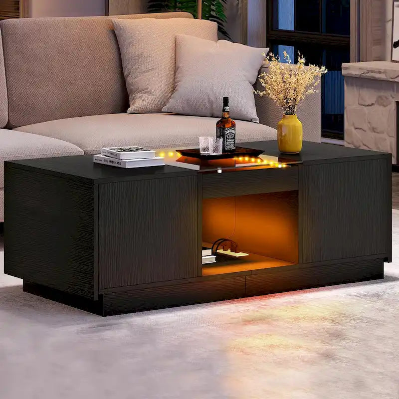 Mesa de centro moderna de madera con cajones de almacenaje e iluminación LED