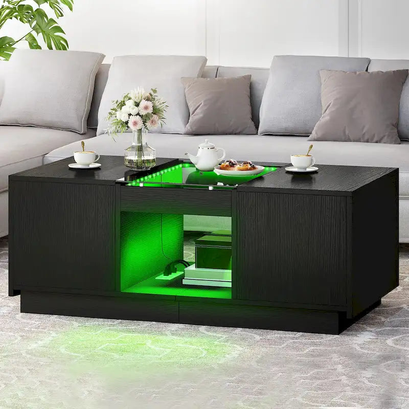 Mesa de centro moderna de madera con cajones de almacenaje e iluminación LED