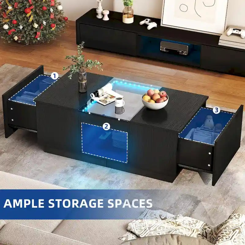 Mesa de centro moderna de madera con cajones de almacenaje e iluminación LED