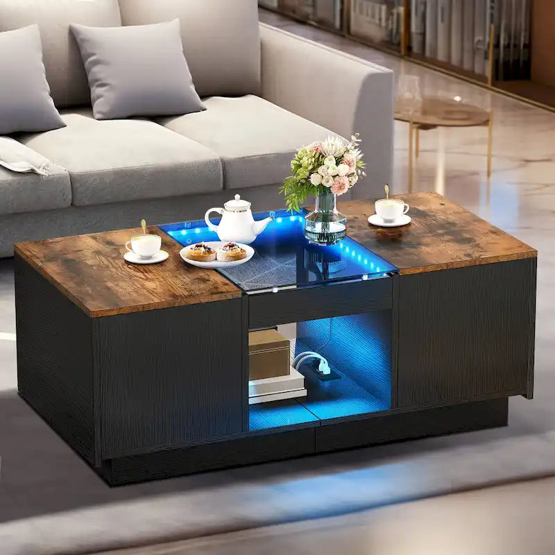 Mesa de centro moderna de madera con cajones de almacenaje e iluminación LED