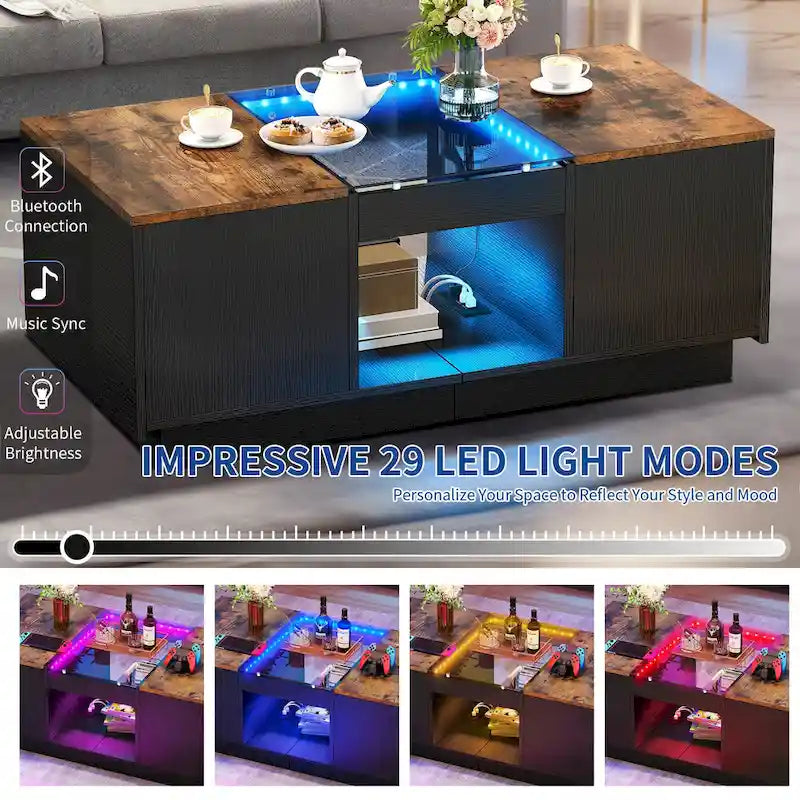 Mesa de centro moderna de madera con cajones de almacenaje e iluminación LED