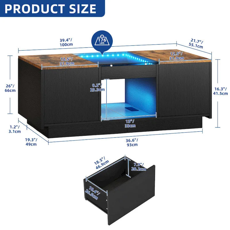 Mesa de centro moderna de madera con cajones de almacenaje e iluminación LED