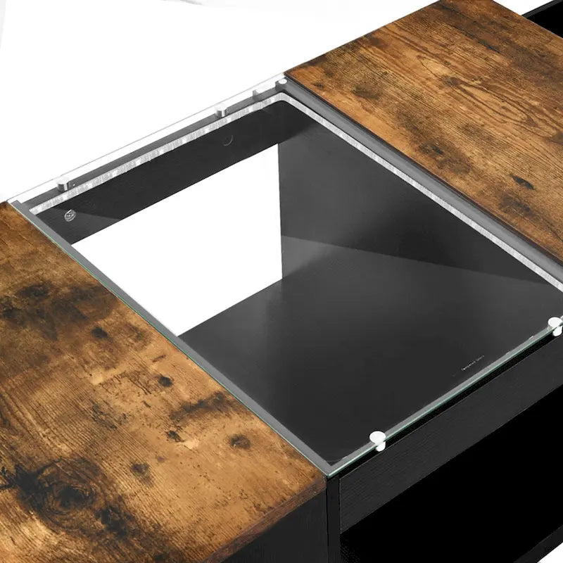 Mesa de centro moderna de madera con cajones de almacenaje e iluminación LED