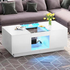 Mesa de centro moderna de madera con cajones de almacenaje e iluminación LED