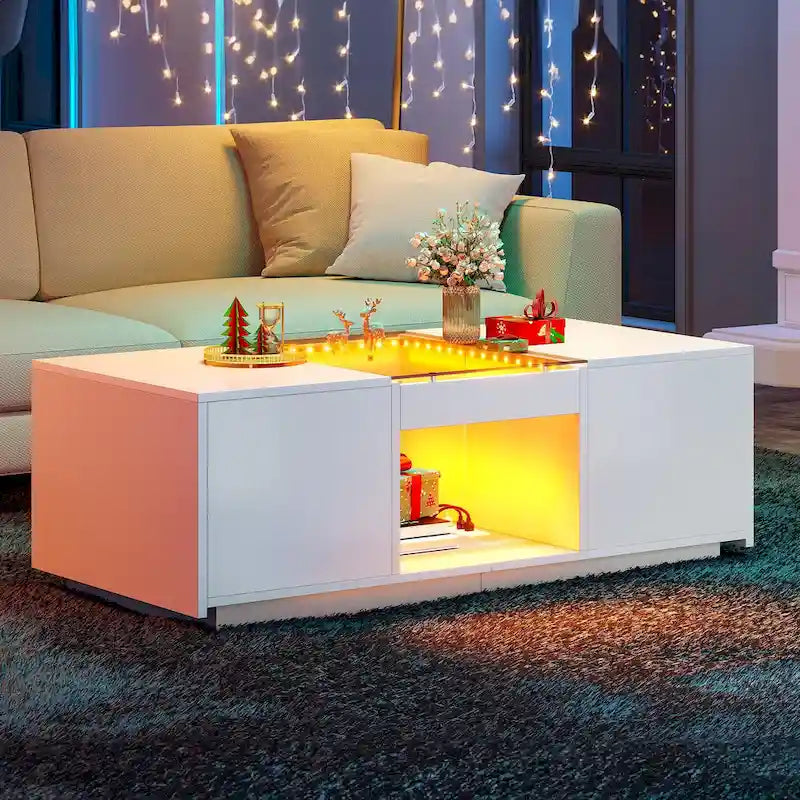 Mesa de centro moderna de madera con cajones de almacenaje e iluminación LED
