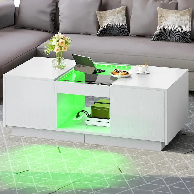 Mesa de centro moderna de madera con cajones de almacenaje e iluminación LED