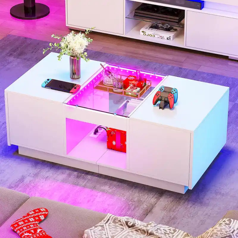 Mesa de centro moderna de madera con cajones de almacenaje e iluminación LED
