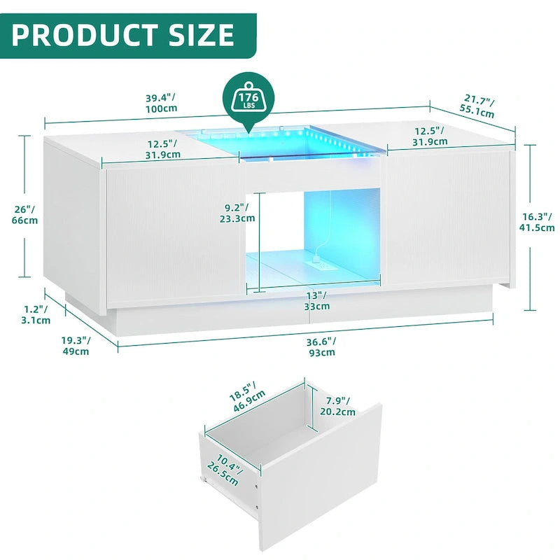 Mesa de centro moderna de madera con cajones de almacenaje e iluminación LED