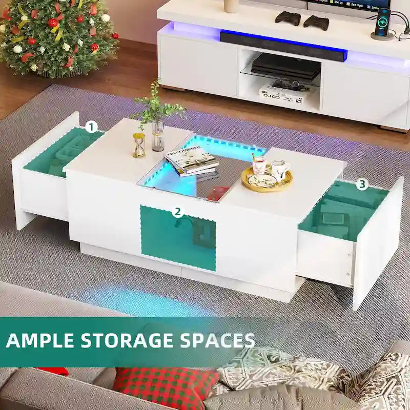 Mesa de centro moderna de madera con cajones de almacenaje e iluminación LED