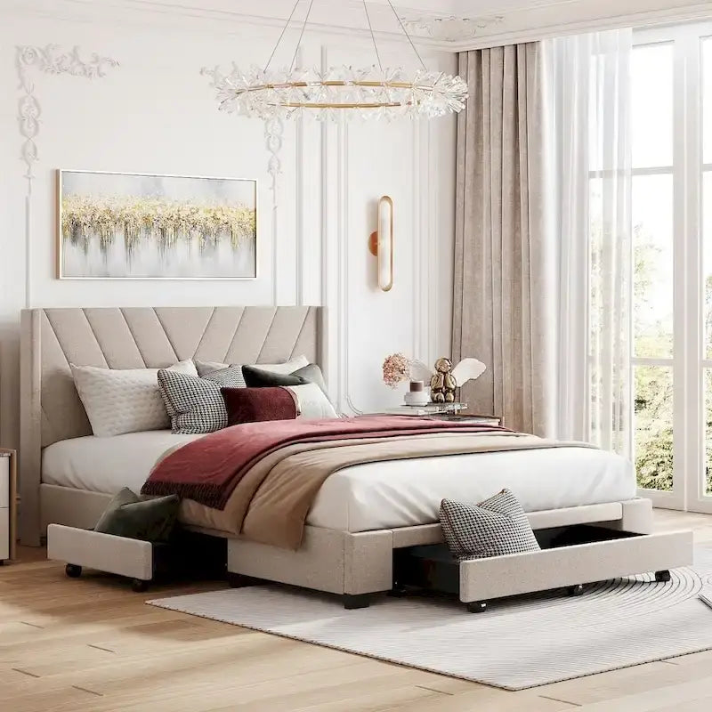 Cama de almacenamiento tamaño Queen, tapizada en lino con plataforma y 3 cajones
