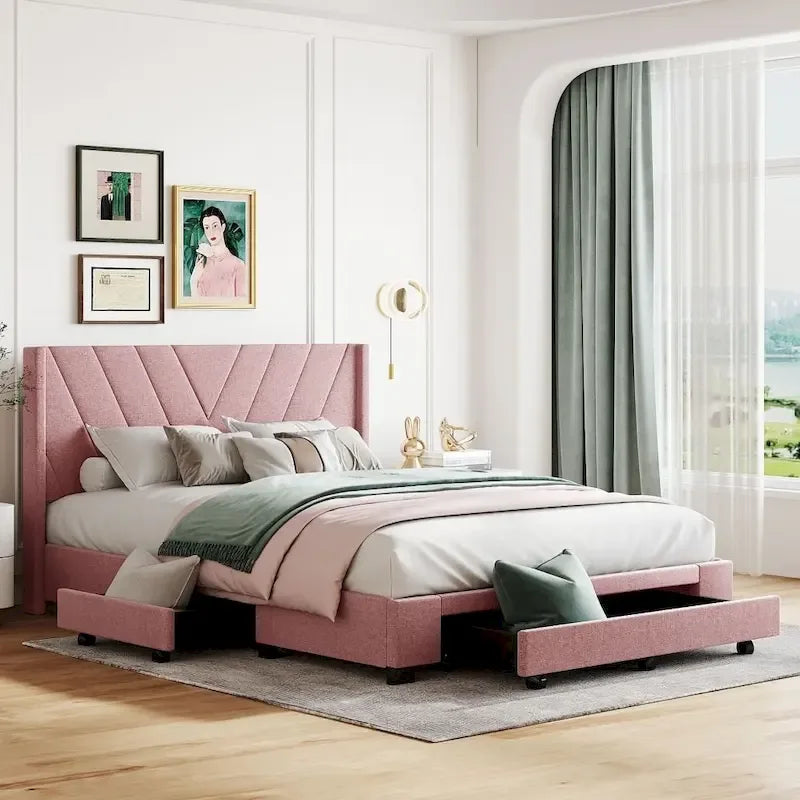 Cama de almacenamiento tamaño Queen, tapizada en lino con plataforma y 3 cajones